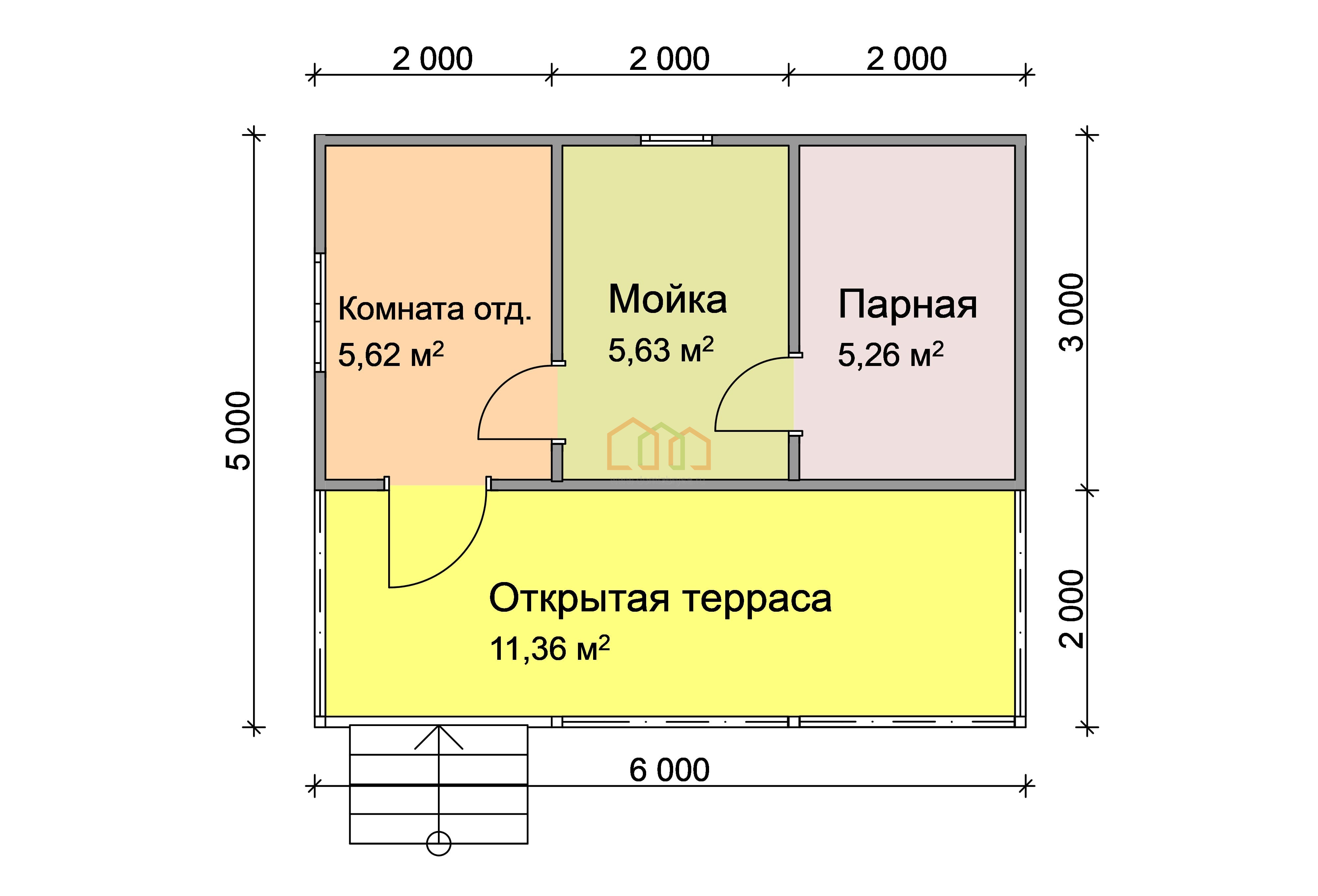 Каркасная баня одноэтажная 5x6, площадь: 30 м² с террасой цена под ключ в  Усмани 699500